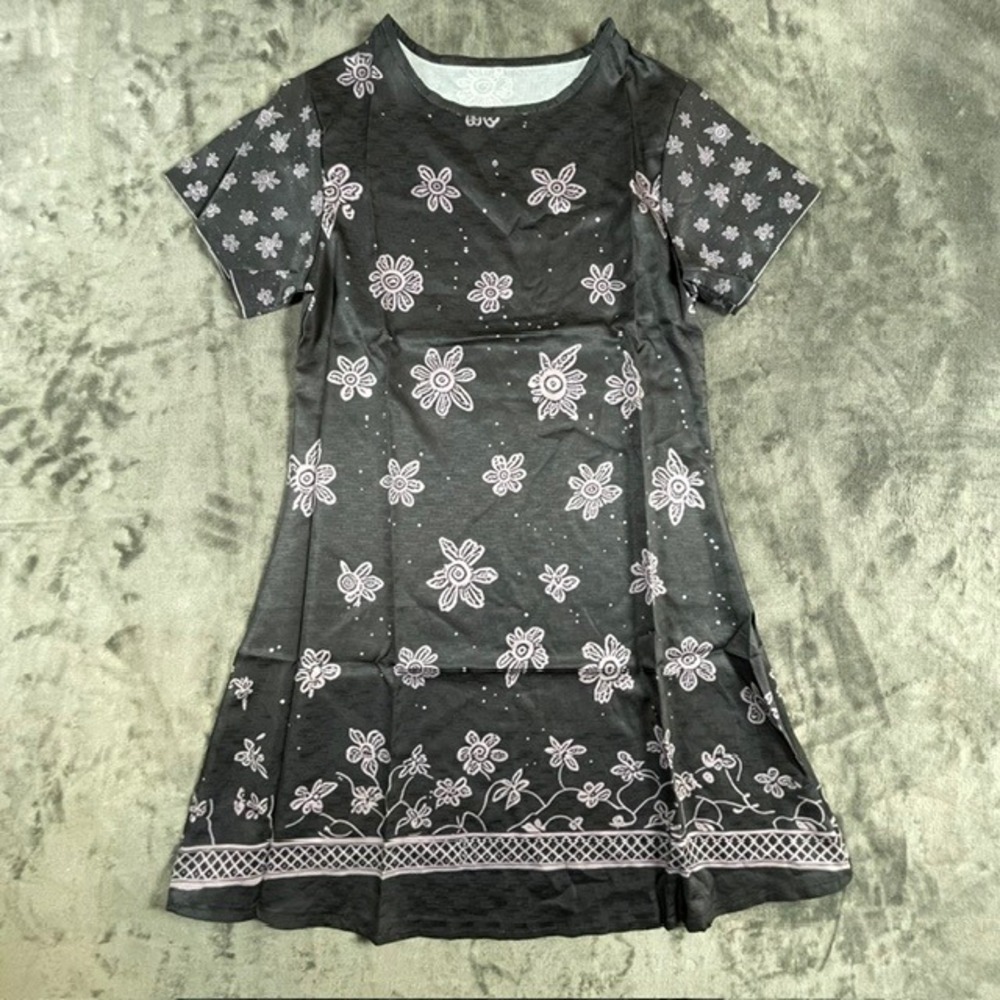 Floral Print Short Sleeve T-Shirt Dress Black Pink A-Line Crew Neck Size L